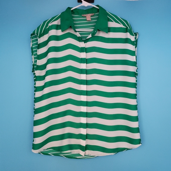Banana Republic Size Small Green & White Cap Sleeve Blouse - Picture 1 of 6